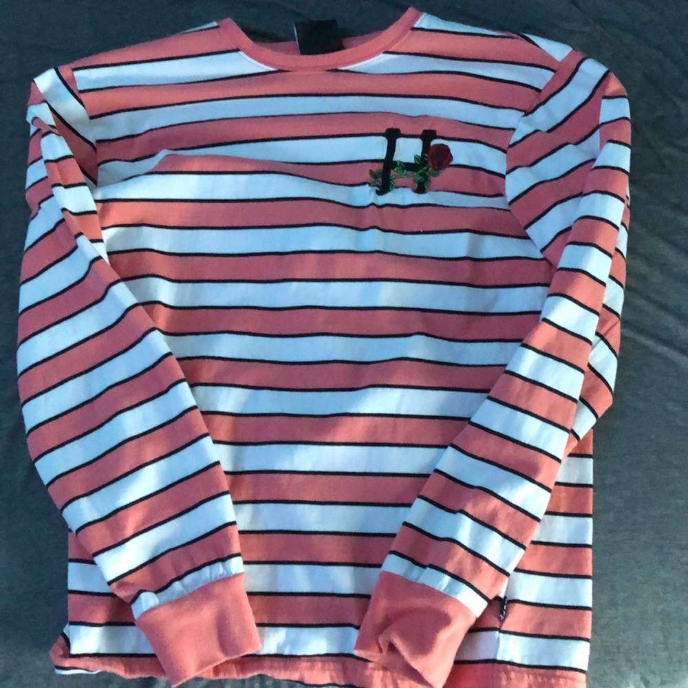 HUF pink, white, and black long sleeve tee shirt